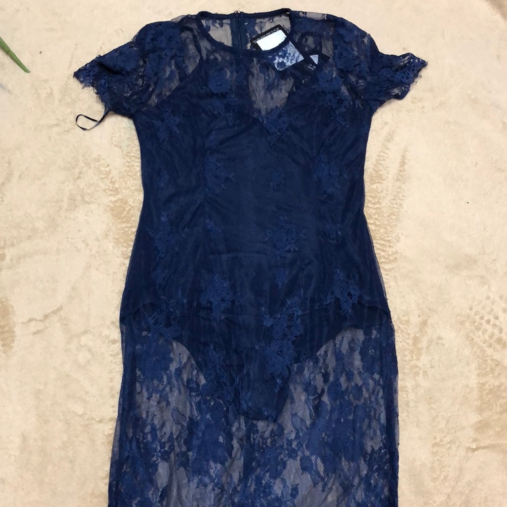Missguided Navy Blue Midi Lace Dress